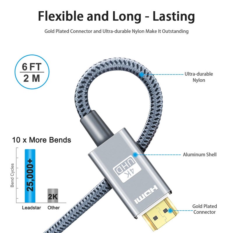 LEADSTAR HDMI Cable 4K 6 ft / 2m, High Speed HDMI 2.0 Cord Braided | 4K@60Hz, Ultra HD, 2160p, ARC, HDR, 3D, HDCP 2.2 | for Xbox, PS5, TV, Laptop, Monitor - Image 3